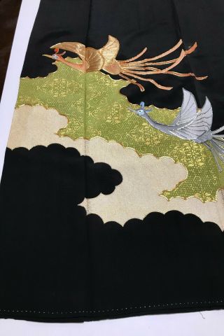 @@Vintage/Japanese tomesode kimono silk fabric/ embroidered 2 cranes P440 4
