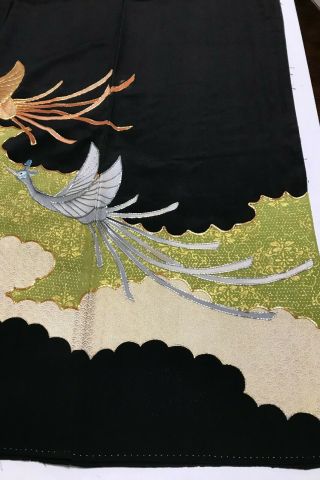 @@Vintage/Japanese tomesode kimono silk fabric/ embroidered 2 cranes P440 5