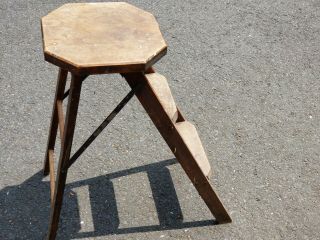 Antique Primitive Old Wood Folding 2 Step Stool Octagon Seat E.  T.  Burrowes Co Me