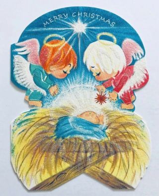 Vintage Hallmark Christmas Card Angel Girl Pink Wing Baby Jesus Glitter Die Cut