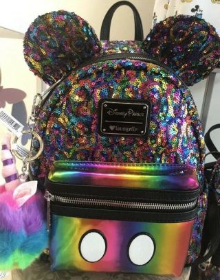 Disney Parks Loungefly Rainbow Sequin Mini Backpack Mickey Mouse Ears