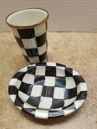 Mackenzie Childs Tumbler And Soap Dish Courtly Check Enamel Ware