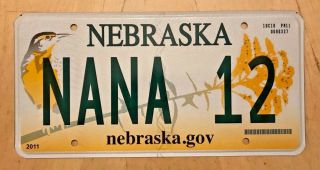Nebraska Graphic Bird Vanity License Plate " Nana 12 " Grandma Grannie