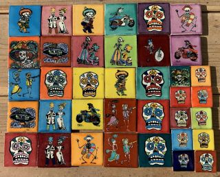 37 Talavera Mexican Pottery Tile 2 " Classic Traditional Day Of The Dead