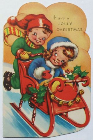 Vtg Diecut Christmas Card - Cute Children,  Boy,  Girl,  Playing W/sled In The Snow - Mcm