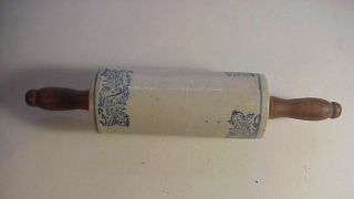 Antique FANCY BLUE DECORATED STONEWARE ROLLING PIN 2