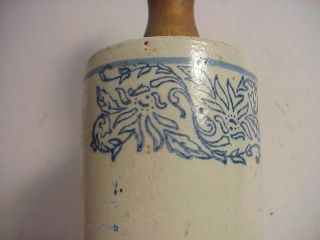 Antique FANCY BLUE DECORATED STONEWARE ROLLING PIN 3