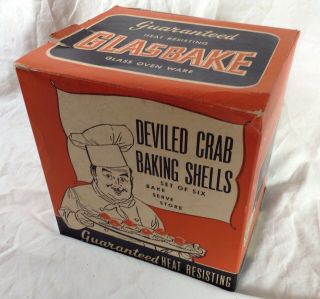 Six Vintage Glasbake Fired - On Orange Over Clear Crab Baking Shells In The Box