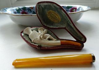 Antique Meerschaum Cheroot Holder In Case And Amber Cigarette Holder