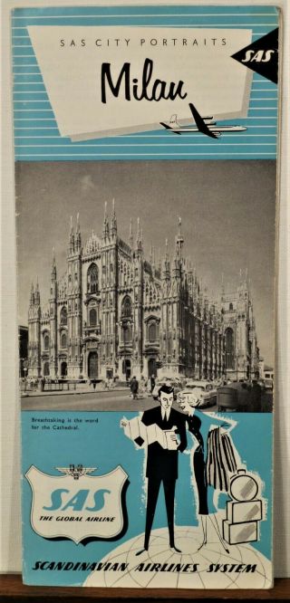 1958 Sas Scandinavian Airlines System Vintage Milan Italy Travel Brochure Map B