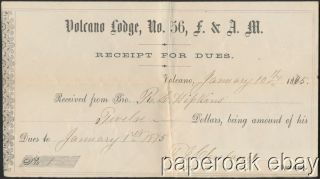 1875 Receipt For Dues Volcano,  California F.  & A.  M.  Masons