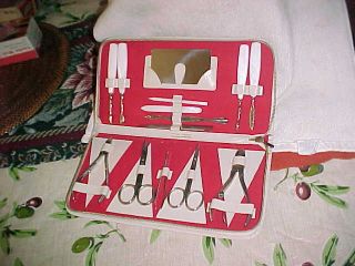 Vintage 14 Pc.  Manicure Set W/ground Leather Case Made In Germany Austria