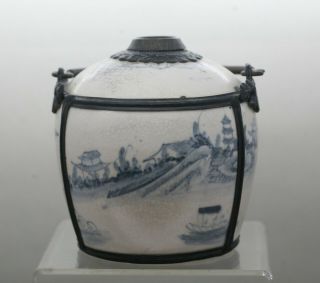 Exquisite Antique Vietnamese Porcelain Smoking Pipe Bowl Pewter Mounted