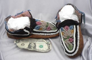 Antique 19th Century Native American Indian MOCCASINS Beaded Leather Mohawk ? 6