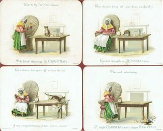 4 X Victorian Christmas Cards Comic Cat & Black Lady Rare Set M H Nathan & Co