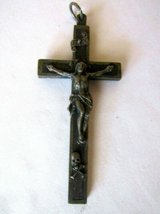 Vintage Inri Crucifix Cross W/skull & Bones - Ebony Wood,  Bronze - Religious - 3 1/8 "