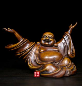 Old Chinese Buddhism Boxwood Wood Carved Happy Maitreya Buddha Statue Figurine