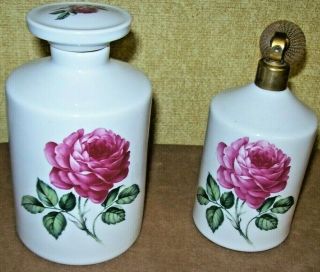 Vintage Shabby Chic Porcelain Perfume Bottle & Powder Jar Roses Western Germany