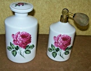 Vintage Shabby Chic Porcelain Perfume Bottle & Powder Jar Roses Western Germany 2
