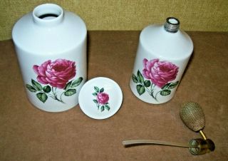 Vintage Shabby Chic Porcelain Perfume Bottle & Powder Jar Roses Western Germany 5