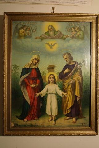 Antique Framed Victorian F Leiber Litho Holy Family Jesus Angels Mary Lithograph
