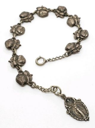 Vtg Sterling Silver Rose Religious Saints Mary Miraculous Medal Link Bracelet