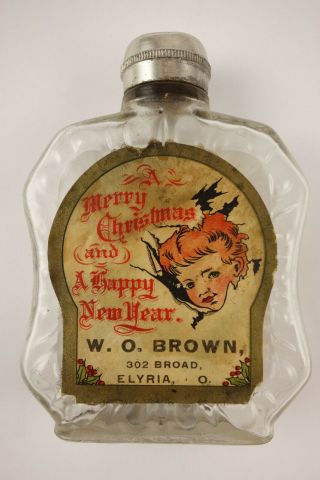Rare Antique Miniature Whiskey Flask " A Merry Christmas & A Happy Year " Girl