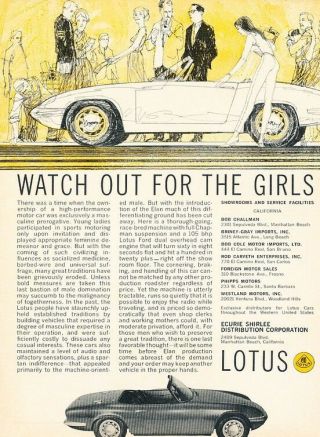 1964 Lotus Elan - Watch The Girls - Advertisement Print Art Car Ad J909