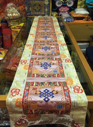 Tibetan Silk Brocade White Endless Knot Large Table Runner / Shrine Table Cover