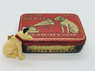 Vintage Victor Needles Tin Box With Vintage Celluloid Nipper The Dog Charm