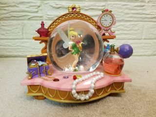 Rare Disney Tinker Bell Pink Vanity Music Snow Globe Plays " You Can Fly "
