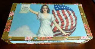 Wooden Cigar Box,  Patriotic Images,  Lady Liberty With Flag,  Wwii Pinups