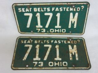 Vintage 1973 Ohio Seat Belts Fastened? License Plates Tags Pair 7171 M (k15)