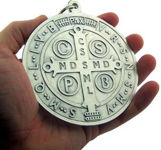 Silver Tone Saint Benedict Exorcism Evil Protection Wall Door Hanging Medal,  4in