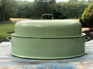 Large Vintage Green Enamel Roaster Roasting Pan Dutch Oven & Lid Cover