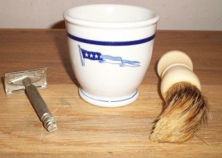 Vintage Shenango U.  S.  Navy 4 Star Shaving Mug With Brush & Safety Razor
