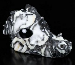 5.  4 " Rare Fossil Carved Crystal Dragon Skull,  Black Obsidian Eyes