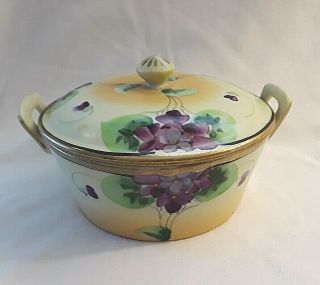 Vintage Nippon Hand Painted Covered Trinket Jar Purple Violets Japan Lid Bowl