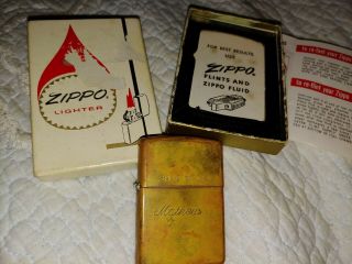 Rare Vintage Solid Brass Zippo Lighter With Box And Paper Work.