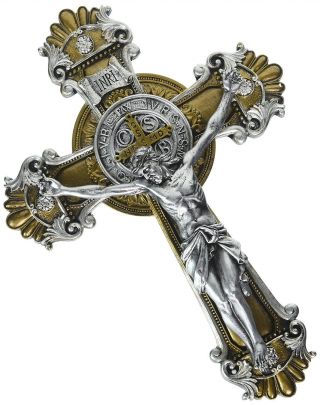 Saint Benedict Wall Cross Crucifix With Antique Silver And Gold Finish 10 1/4.