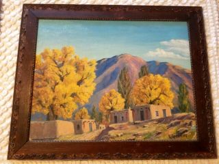 Mexico Artist Signed O/b Painting Southwest Indian Pueblo Mountain Langston