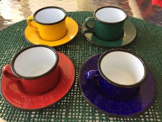 Speckled Enamelware Tin Metal Camping Mini/childs Set Of 4 Cups And Saucers