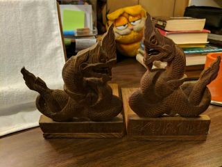 Set Of 2 Mid Century Asian Dragon Figure Hand Carved Wood Book Ends 8.  25 " Tall