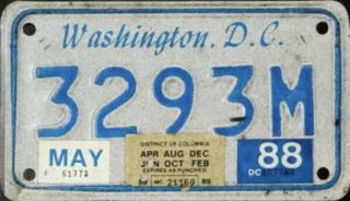 1988 Washington Dc District Of Columbia Motorcycle License Plate