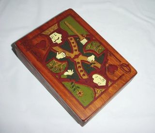 Vtg Wood Playing Card Box Double Deck Folk Art Hand Painted King Queen Tole