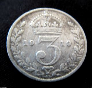 Sterling Solid 0.  925 Silver Threepence 1919 Coin Antique Ii Old World War I Uk