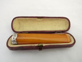 Large Amber & Silver Cigarette / Cheroot Holder 1906 - Case