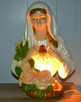 Vintage Virgin Mary Holy Sacred Heart Lamp 3d Chalkware Large 15 In Wall Statue