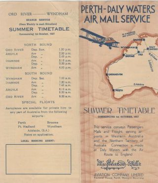 Perth - Daly Waters Air Mail Service Timetable 1st October 1937