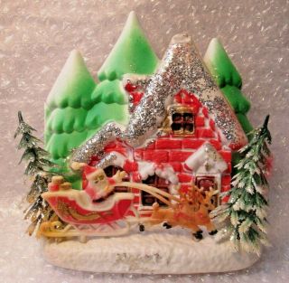 Vintage Christmas Blow Mold Diorama Santa Reindeer House Pine Scene Glitter